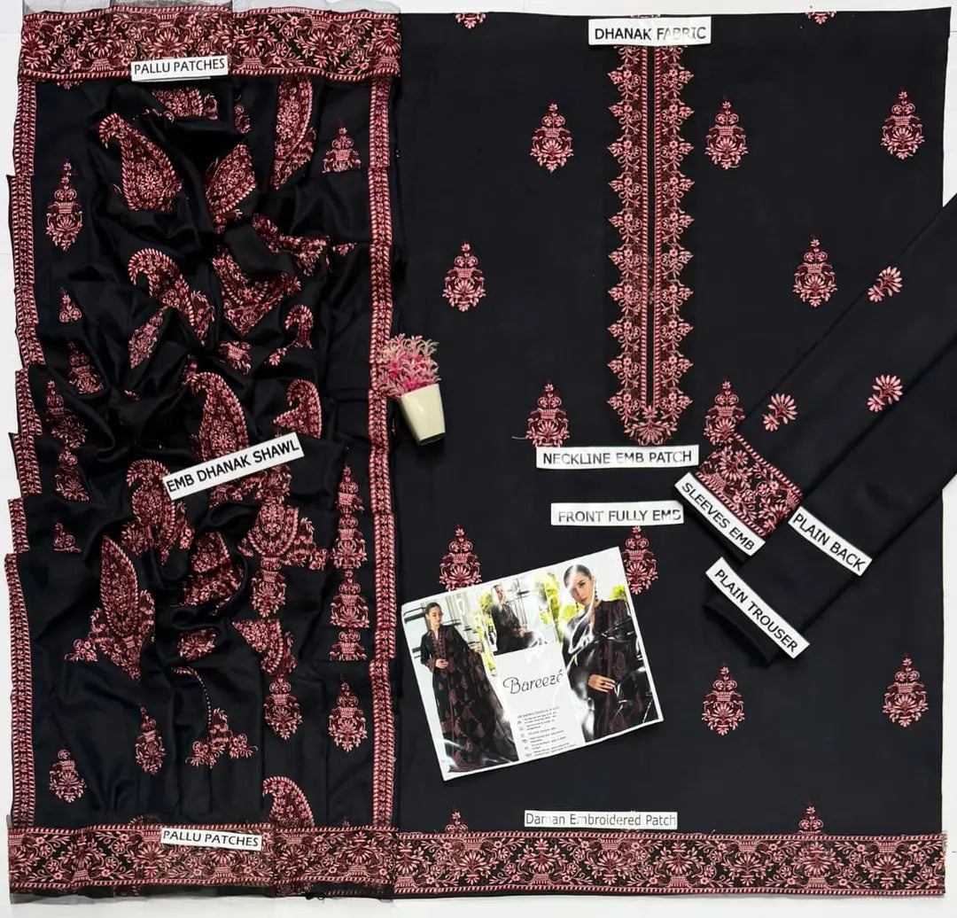 3 Pcs Women's Unstitched Embroidered Suit(HB)