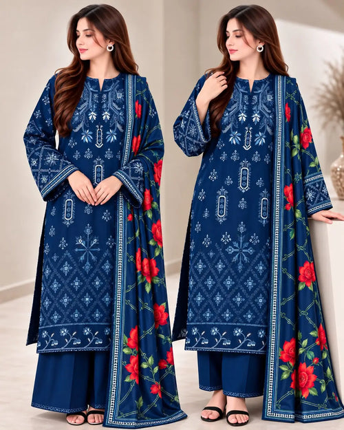 3 Pcs Women's Unstitched Embroidered Suit(nf)
