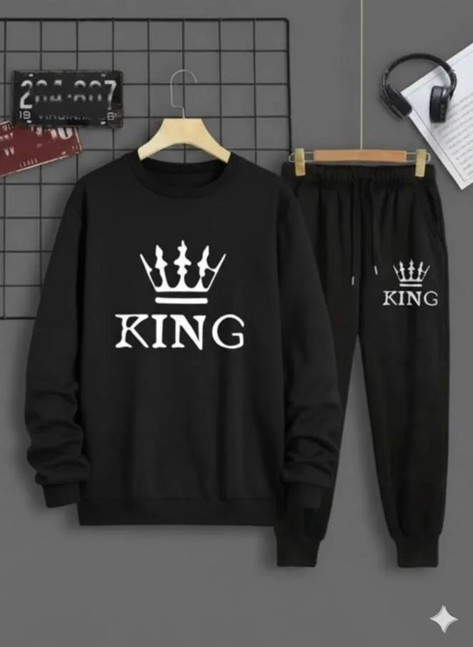 Men Black King Crown Fleece Track Suit 2Pcs