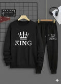 Men Black King Crown Fleece Track Suit 2Pcs