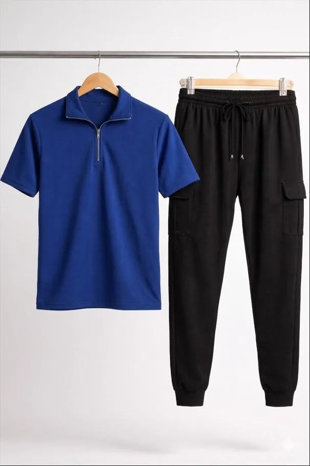 2 Pcs Men's Dri Fit Plain Ziper Track Suit - Blue