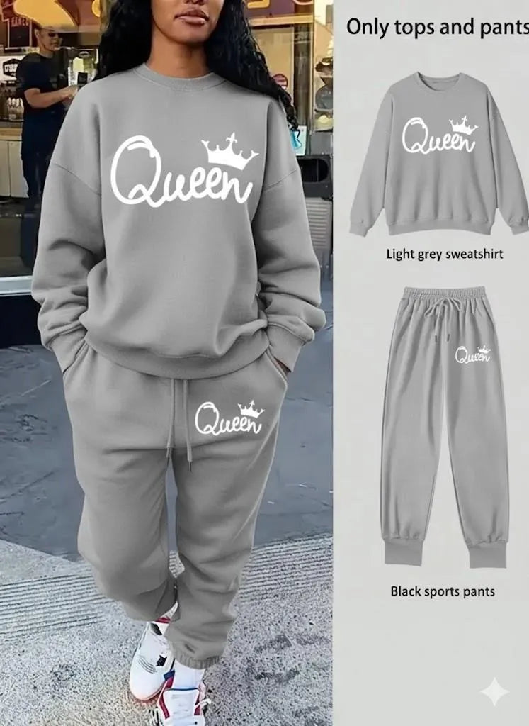 Women Queen Print Fleece Track Suit Light Grey Medium to XL