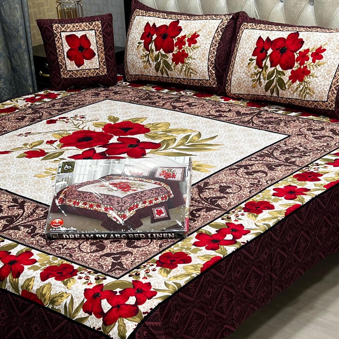 Double Bedsheet Set Red Floral Crystal Cotton Pakistan