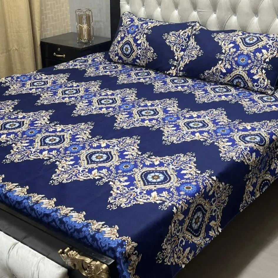 Royal Blue Crystal Cotton Double Bedsheet Set with Pillow Covers