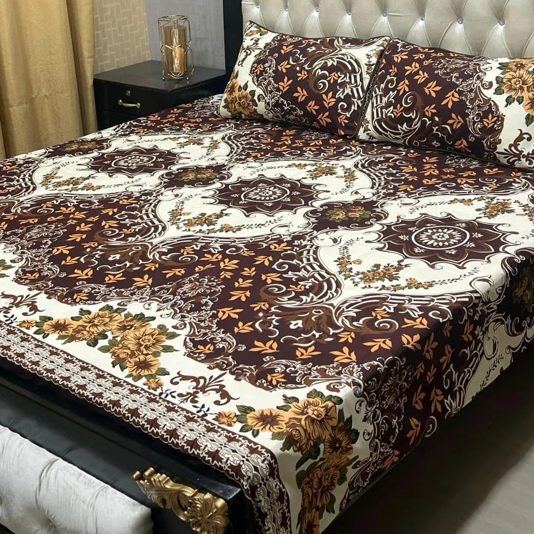 Maroon Floral Crystal Cotton Double Bedsheet Set