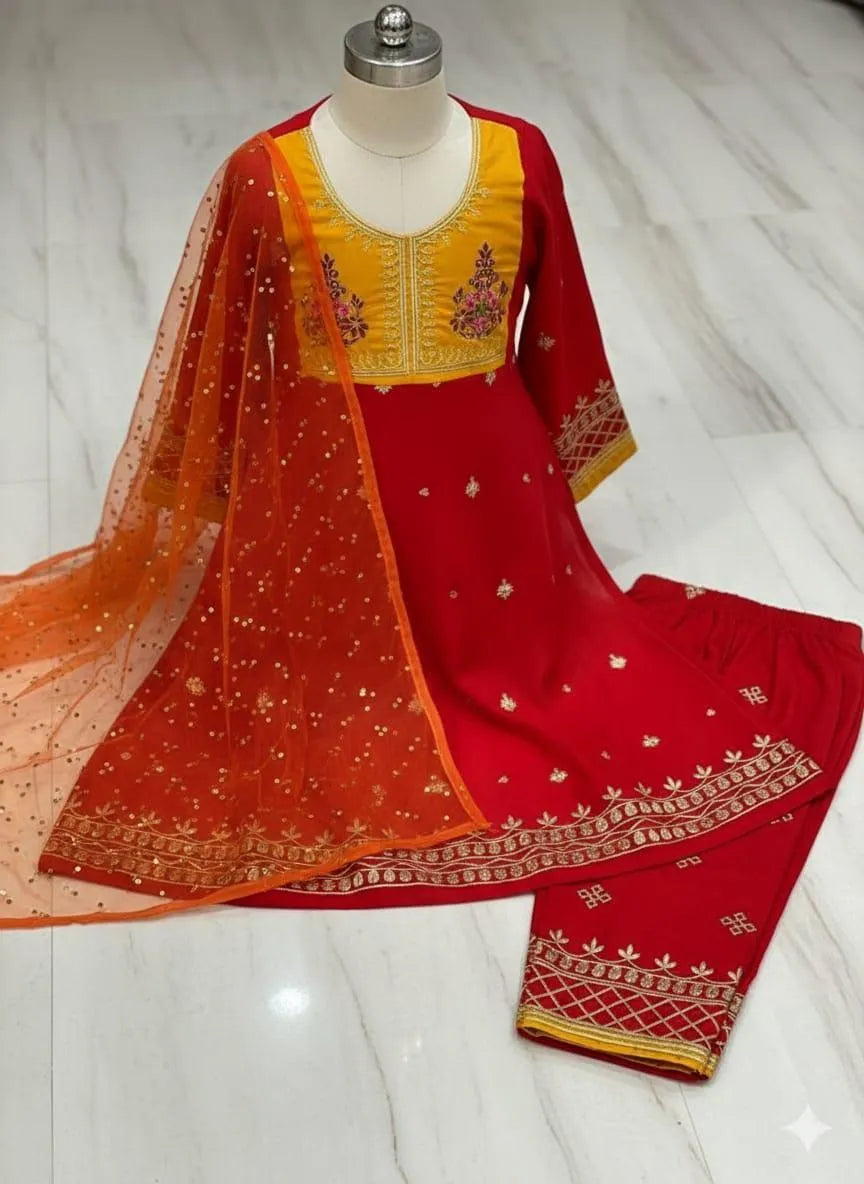 3-Piece Lawn Embroidered Suit Red for Kids 1-10