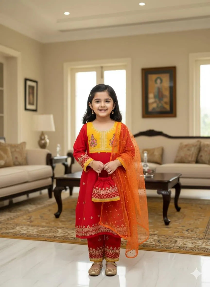 3-Piece Lawn Embroidered Suit Red for Kids 1-10