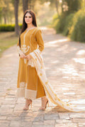 Pakistani Women's Yellow Embroidered Kurta Set with Shawl