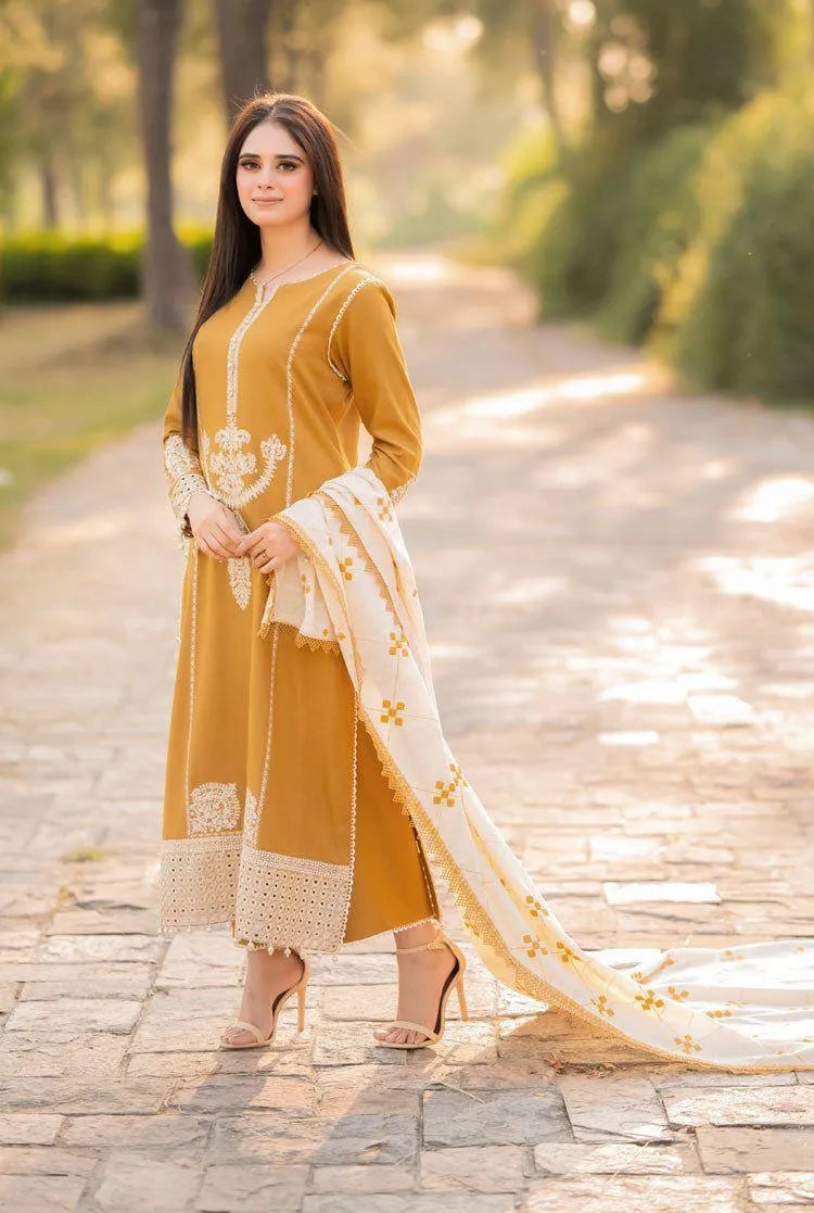 Pakistani Women's Yellow Embroidered Kurta Set with Shawl
