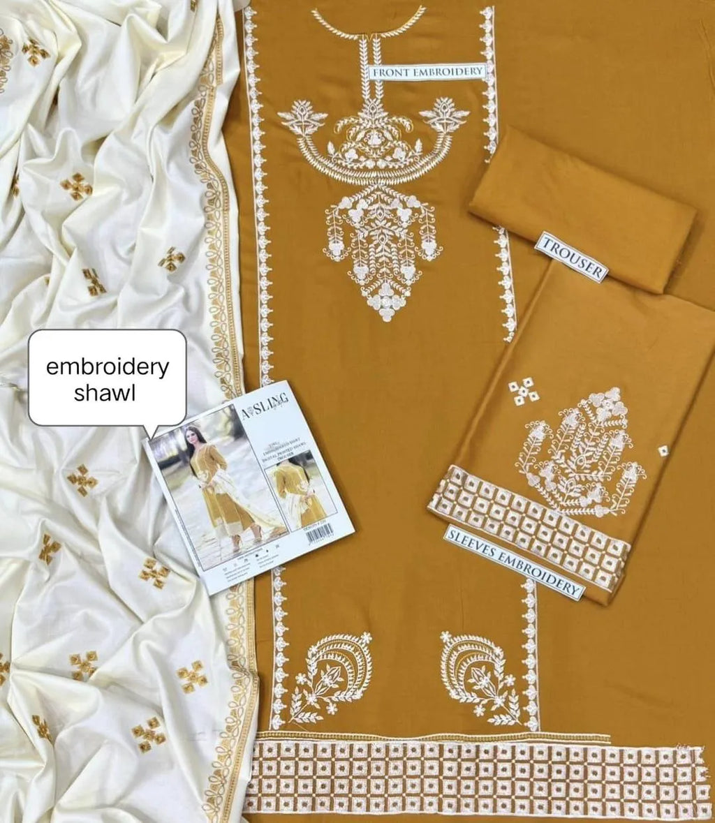 Pakistani Women's Yellow Embroidered Kurta Set with Shawl