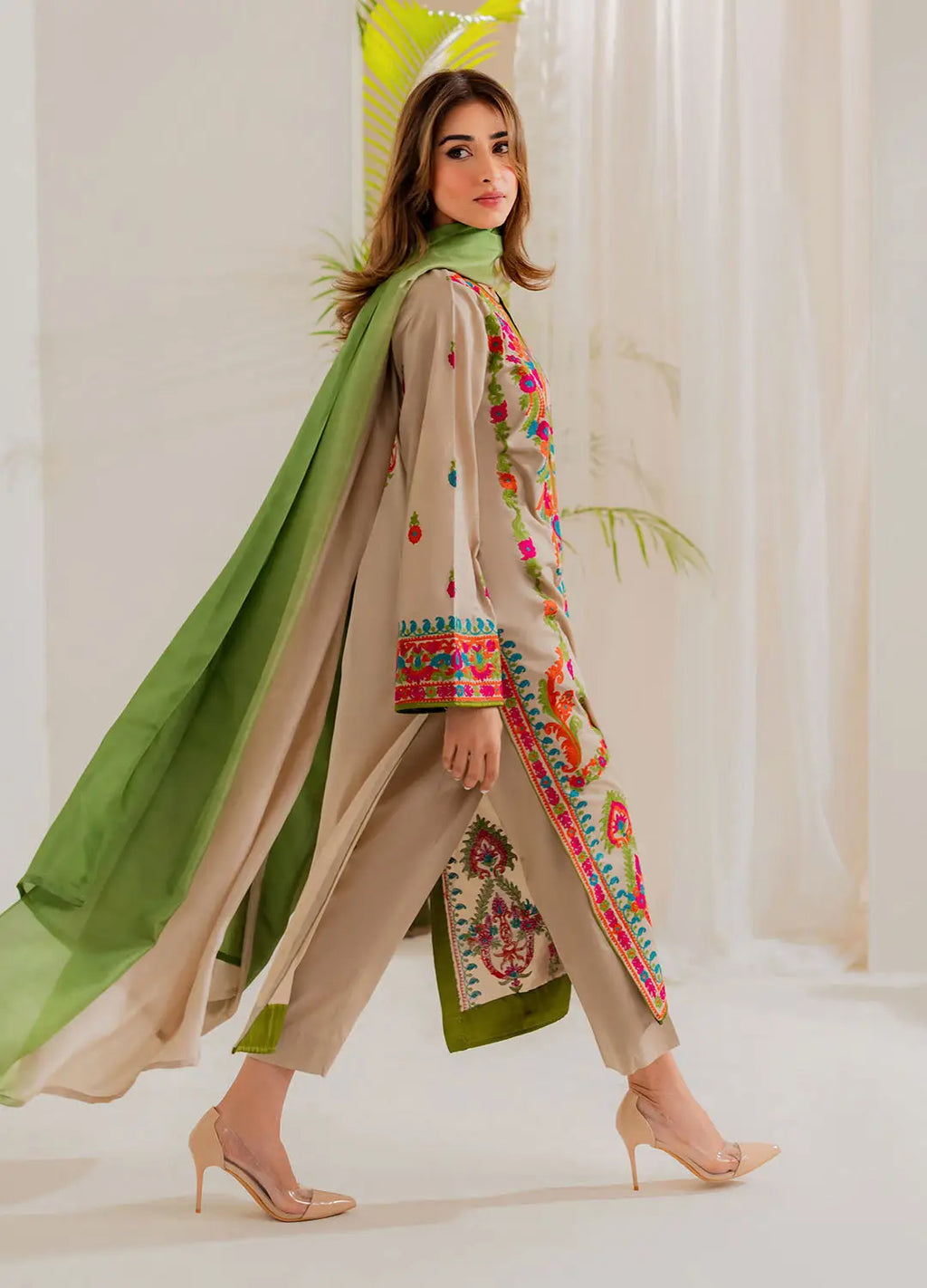 3 Pcs Women's Stitched Linen Embroidered Suit