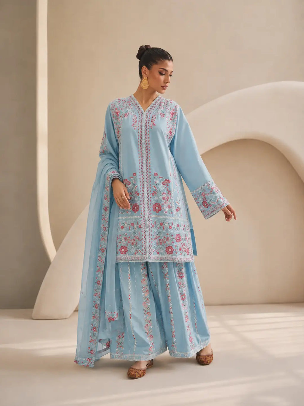 3 Pcs Women's Stitched Cotton Embroidered Suit