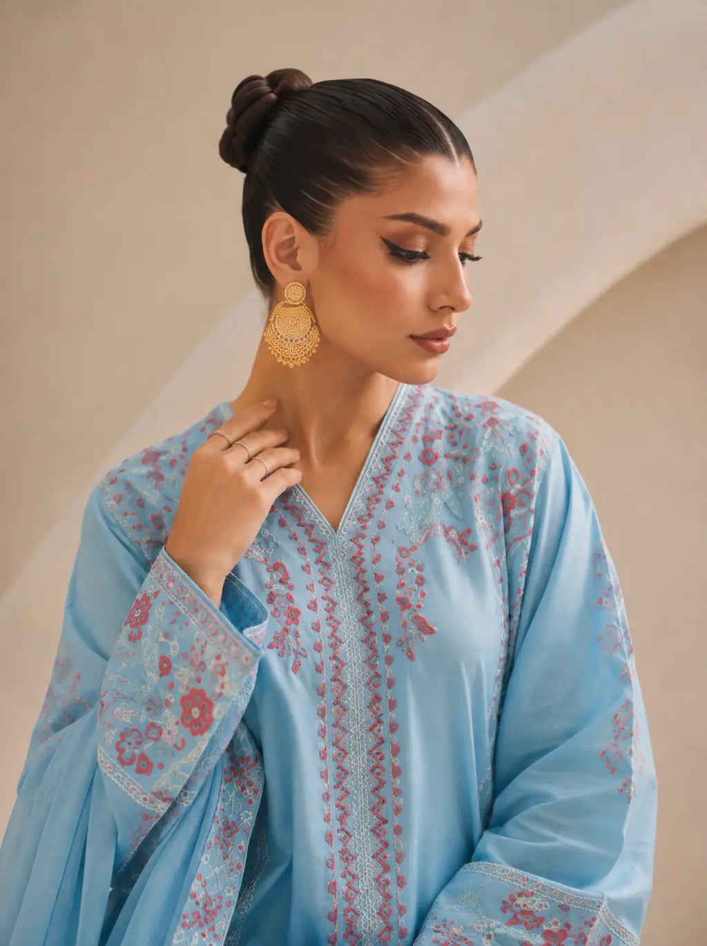 3 Pcs Women's Stitched Cotton Embroidered Suit