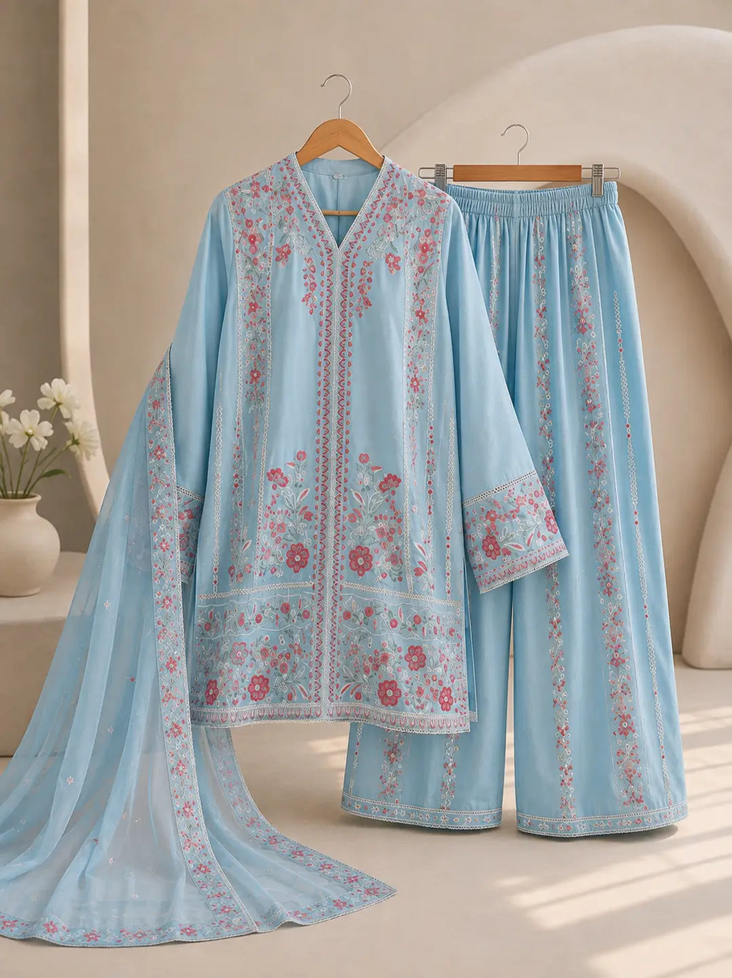 3 Pcs Women's Stitched Cotton Embroidered Suit