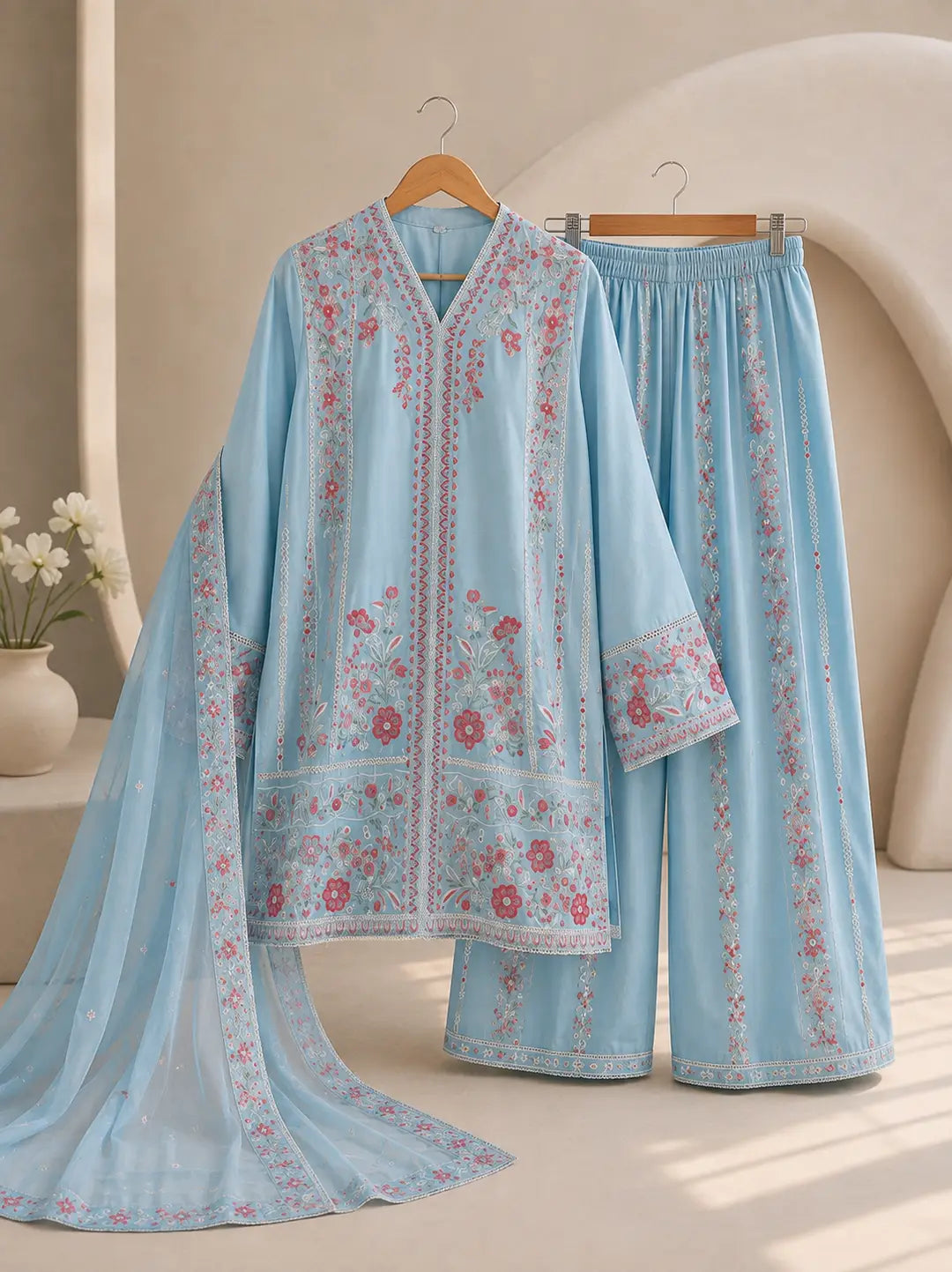 3 Pcs Women's Stitched Cotton Embroidered Suit