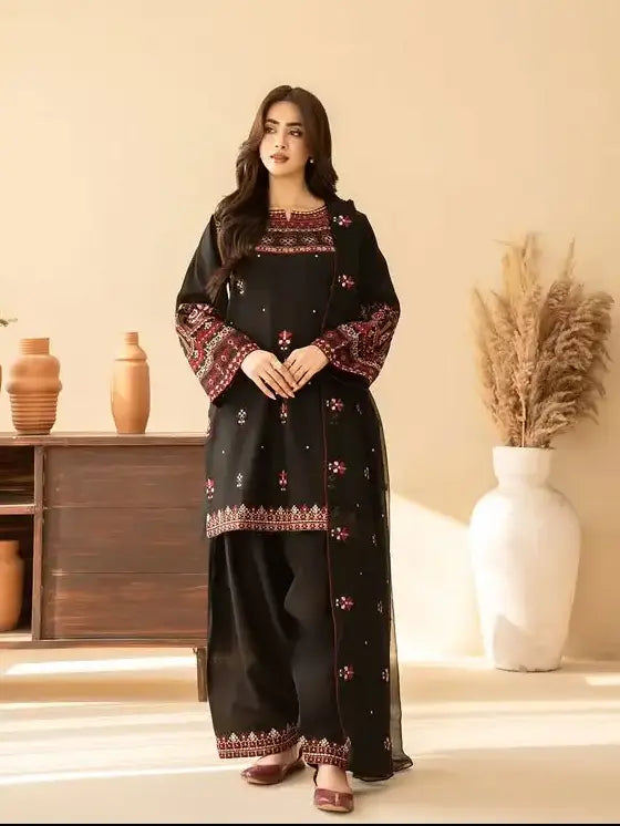 3 Pcs Women's Stitched Cotton Embroidered Suit