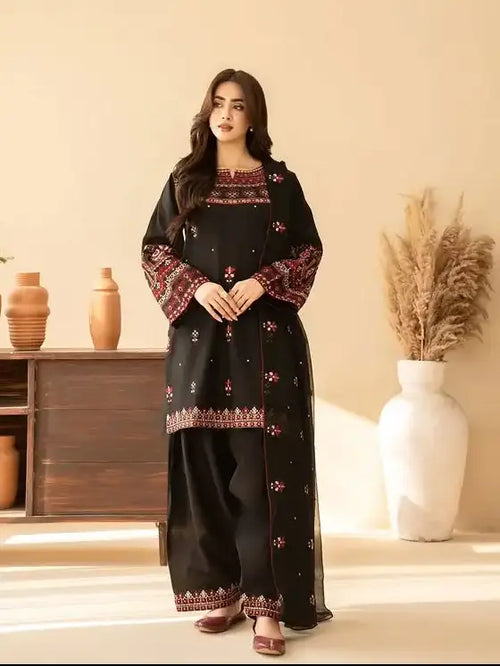 3 Pcs Women's Stitched Cotton Embroidered Suit