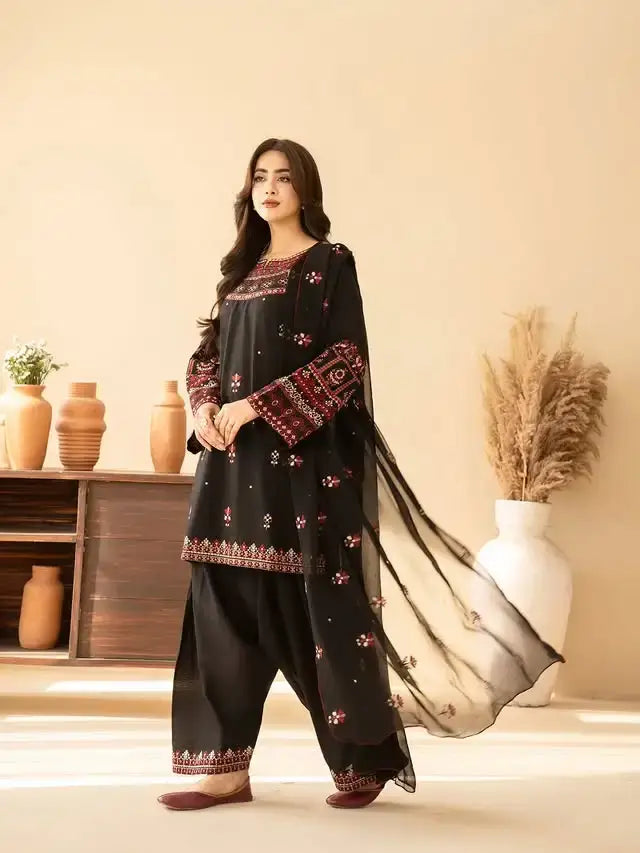 3 Pcs Women's Stitched Cotton Embroidered Suit
