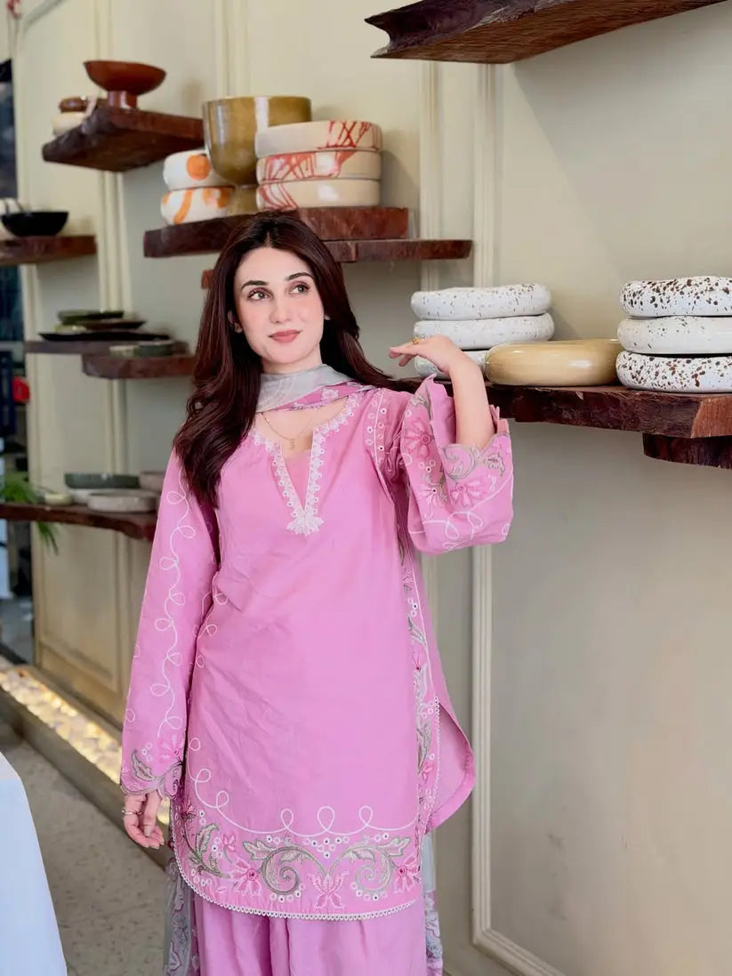 3 Pcs Women's Stitched Cotton Embroidered Suit