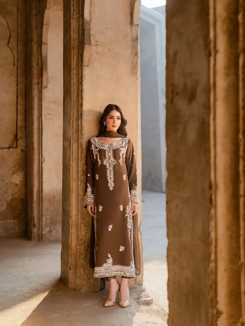 3 Pcs Women's Stitched Linen Embroidered Suit