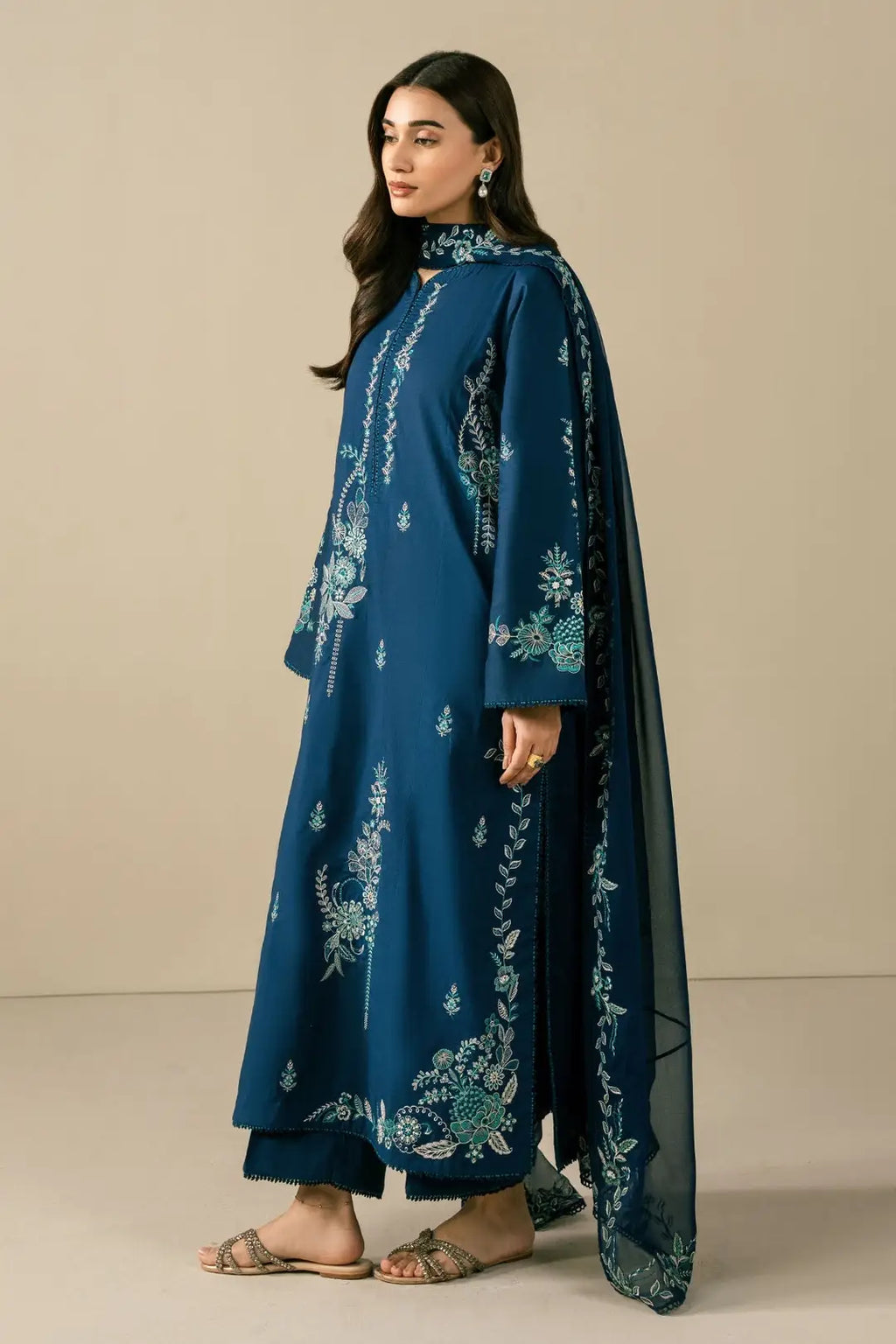 3 Pcs Women's Stitched Linen Embroidered Suit