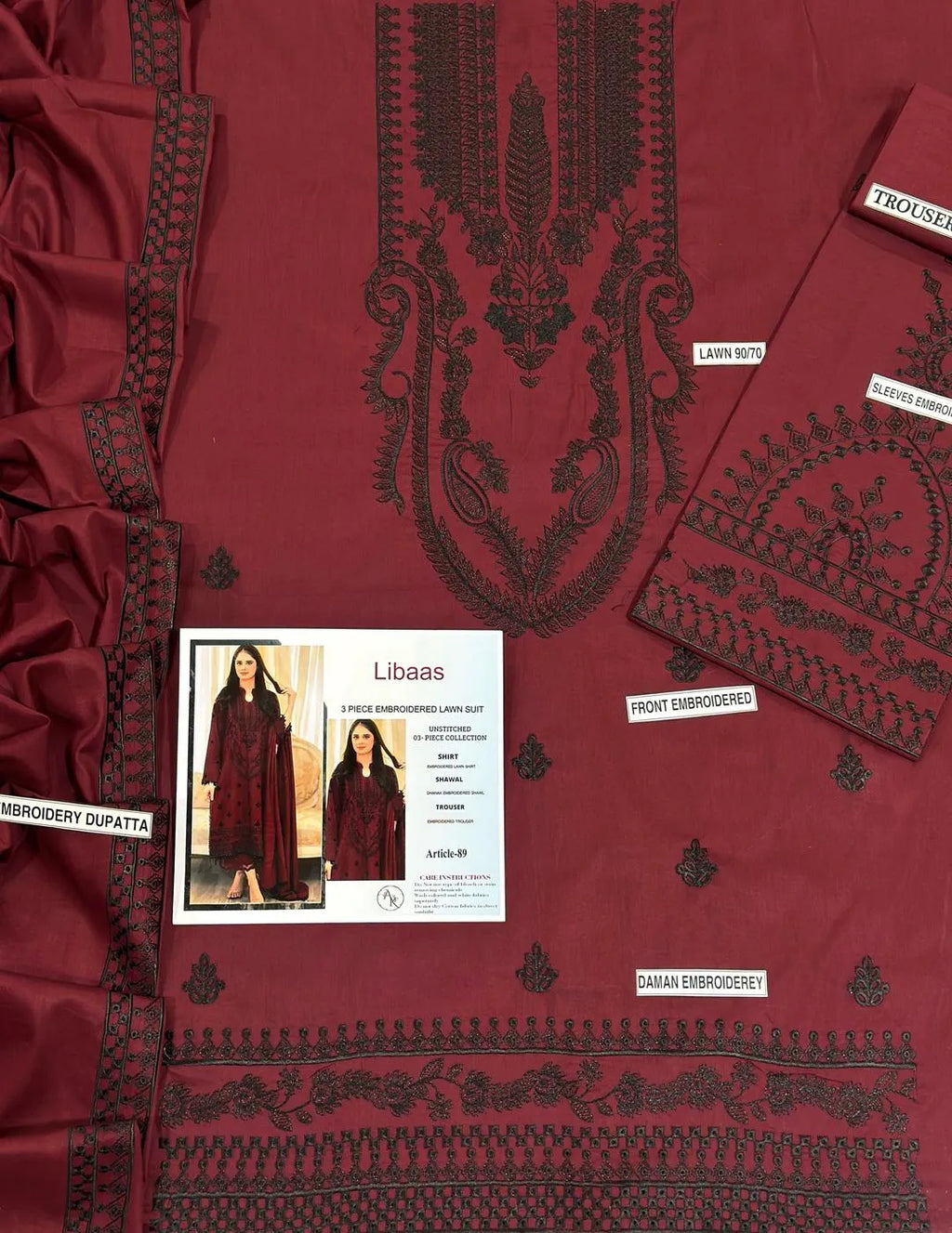 Maroon Embroidered 3-Piece Lawn Suit for Eid Weddings