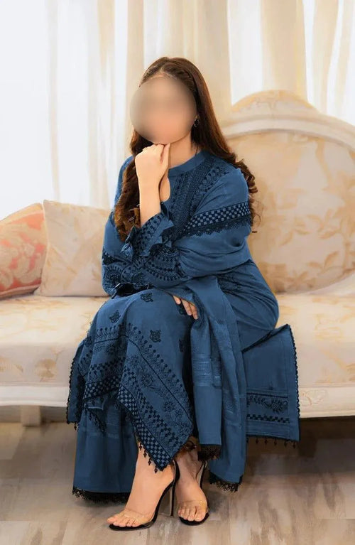 Blue Embroidered 3-Piece Lawn Suit for Eid Weddings