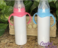 Baby Feeder with 90° Flame Design, 18/8 Stainless Steel, Spill-Free Cap, Pink Blue Handles
