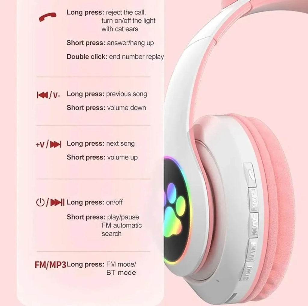 Cat Ear Bluetooth Headphones Pink with LED Lights