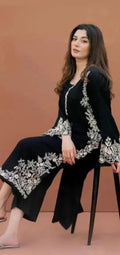 Black Embroidered Pakistani Suit with Linen Trouser & Chiffon Dupatta