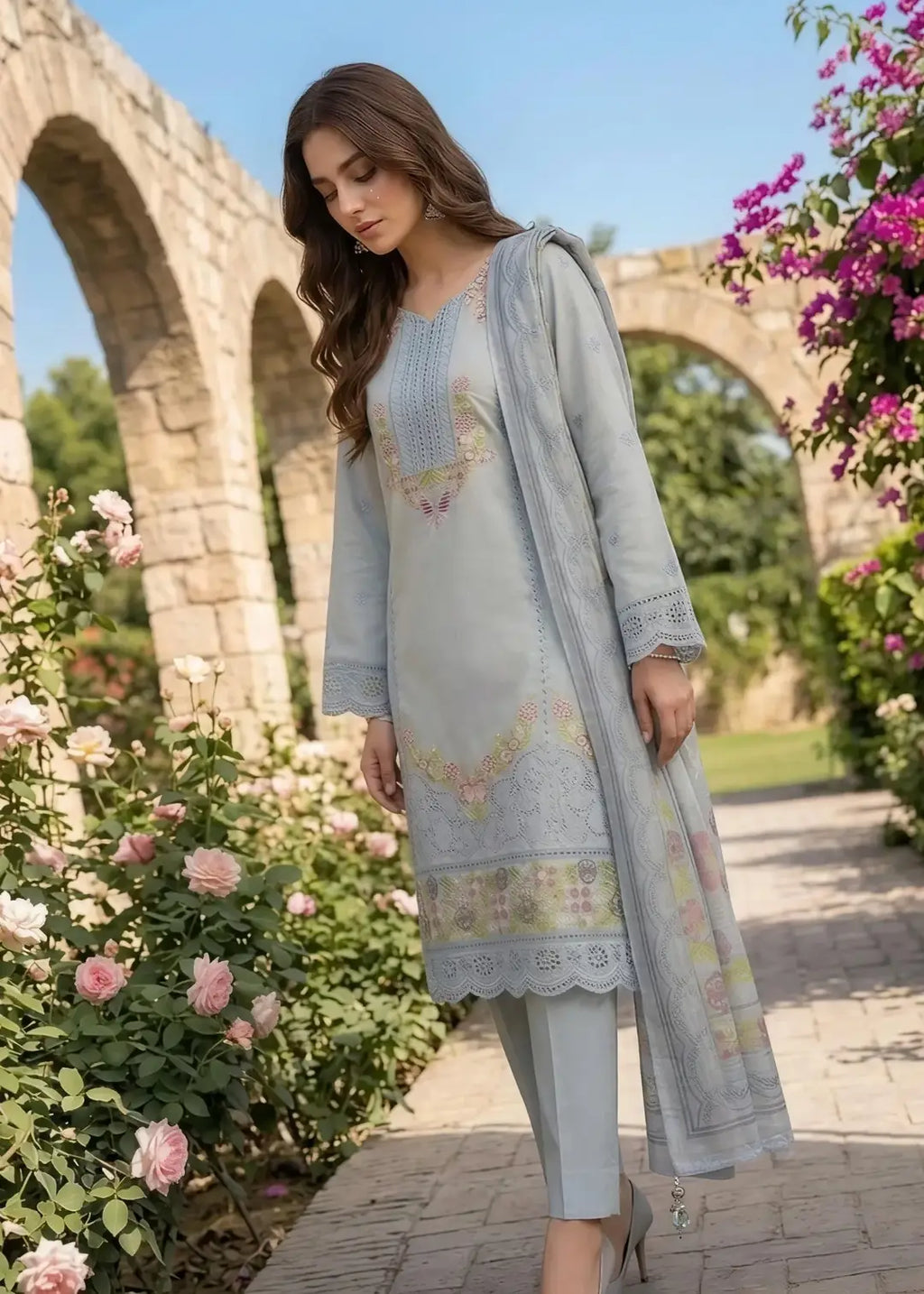 3 Pcs Women's Stitched Cotton Embroidered Suit
