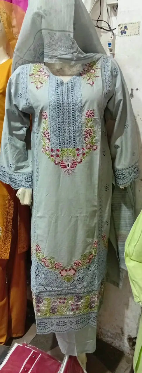 3 Pcs Women's Stitched Cotton Embroidered Suit