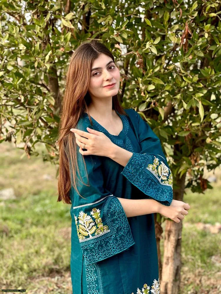 2 Pcs Women's Stitched Lawn Embroidered Shirt And Trouser