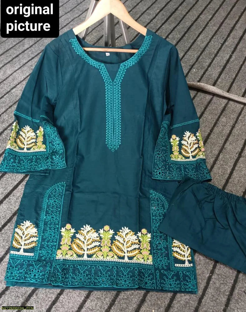 2 Pcs Women's Stitched Lawn Embroidered Shirt And Trouser