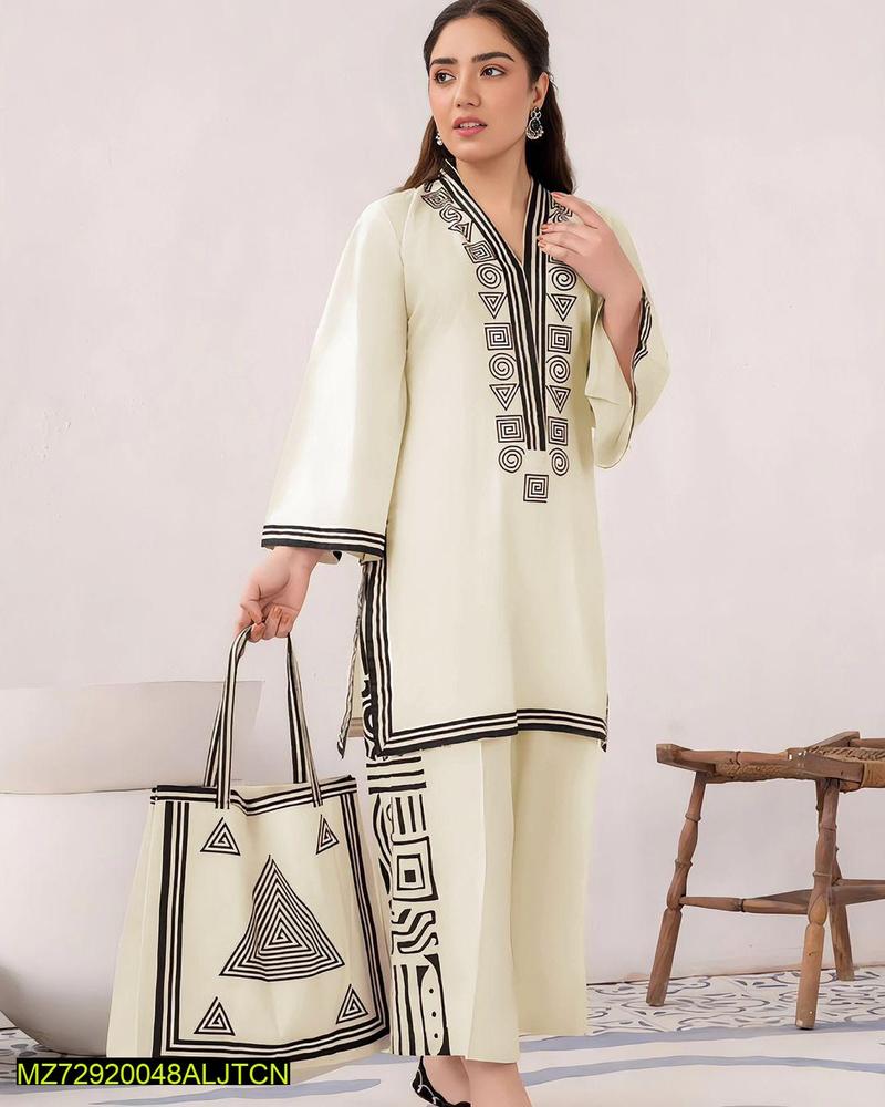 Off White Printed Linen 2Pcs Shirt Trouser Set Medium