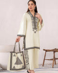 Off White Printed Linen 2Pcs Shirt Trouser Set Medium