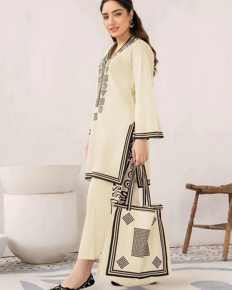 Off White Printed Linen 2Pcs Shirt Trouser Set Medium