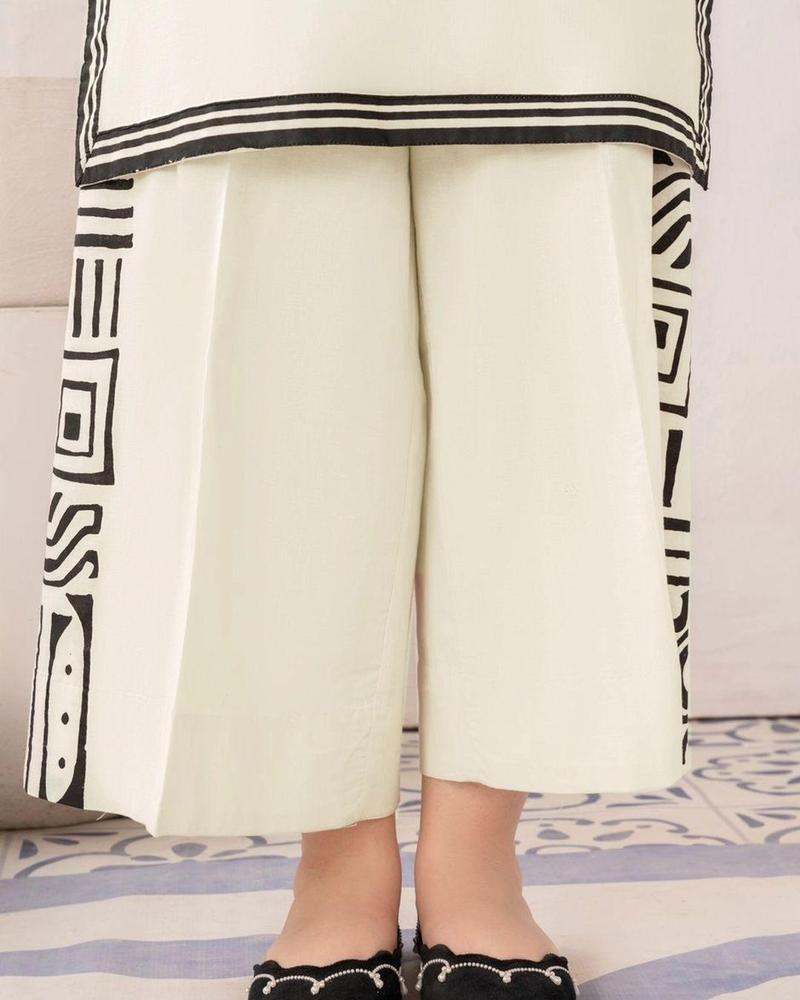 Off White Printed Linen 2Pcs Shirt Trouser Set Medium