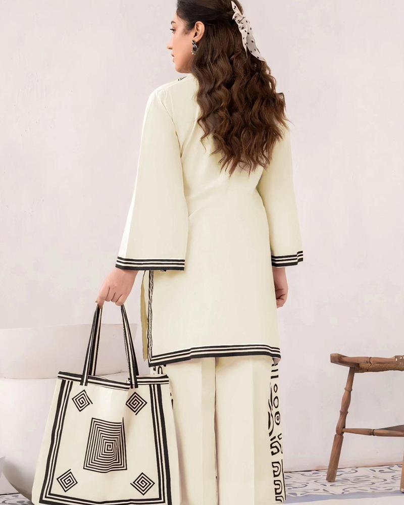 Off White Printed Linen 2Pcs Shirt Trouser Set Medium
