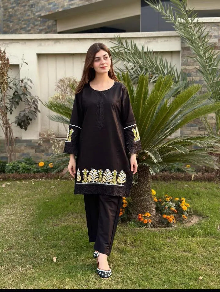 2 Pcs Women's Stitched Linen Embroidered Shirt And Trouser - Black