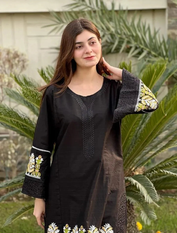 2 Pcs Women's Stitched Linen Embroidered Shirt And Trouser - Black