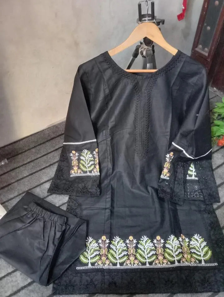 2 Pcs Women's Stitched Linen Embroidered Shirt And Trouser - Black