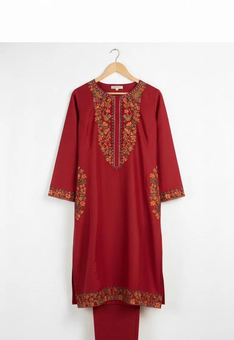 Maroon Linen Embroidered Shirt & Trouser Set