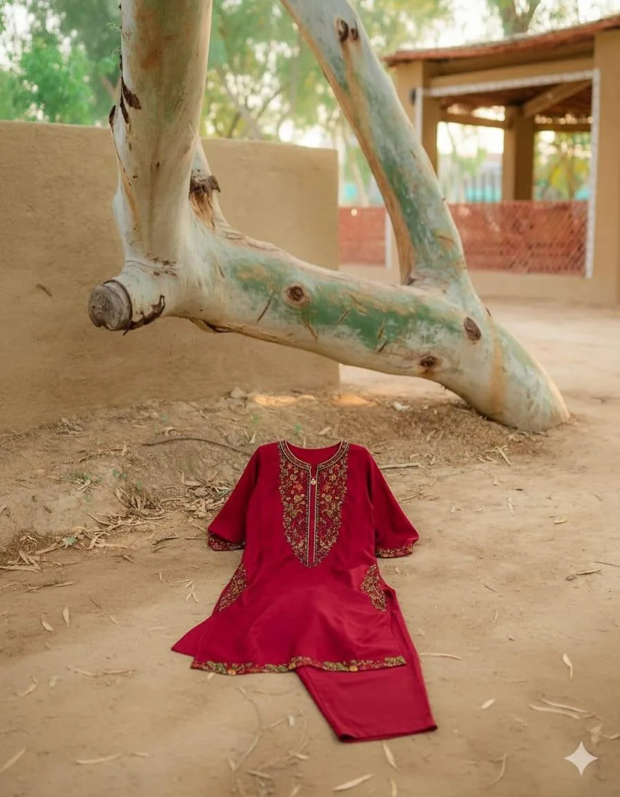 Maroon Linen Embroidered Shirt & Trouser Set