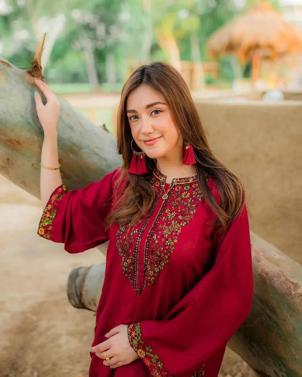 Maroon Linen Embroidered Shirt & Trouser Set