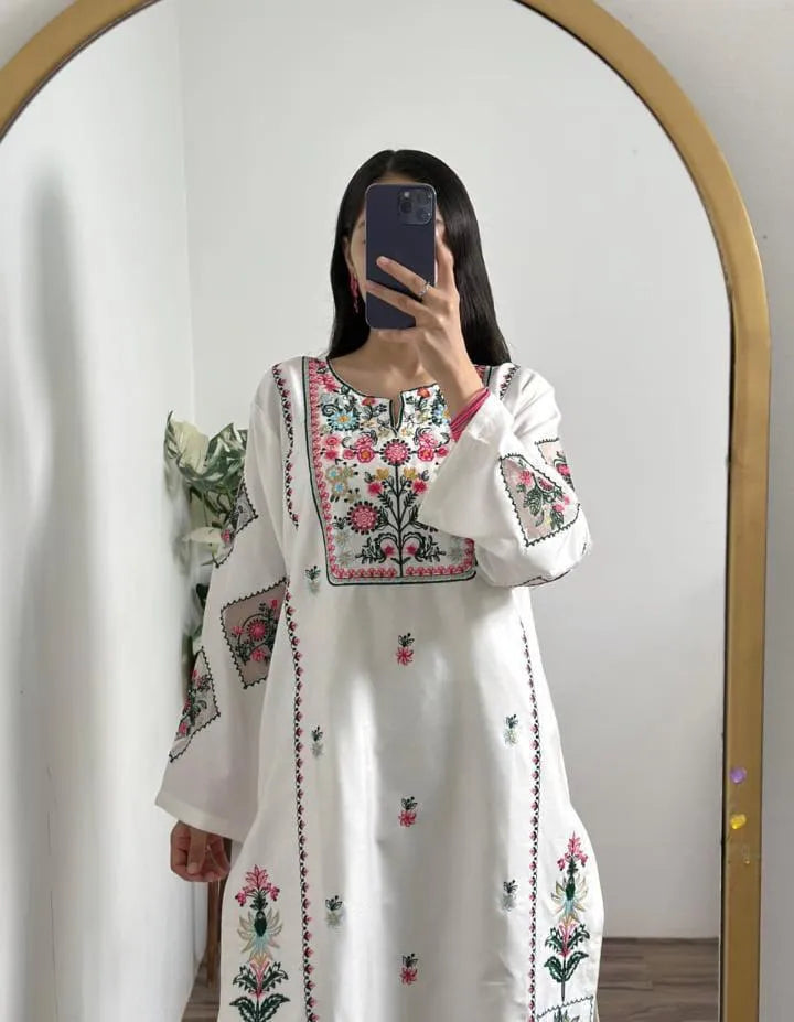 White Embroidered Cotton Shirt Trouser Set for Women