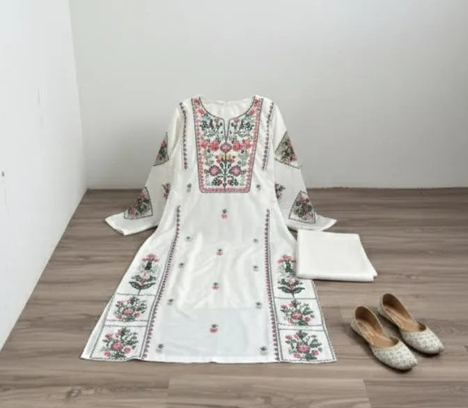 White Embroidered Cotton Shirt Trouser Set for Women