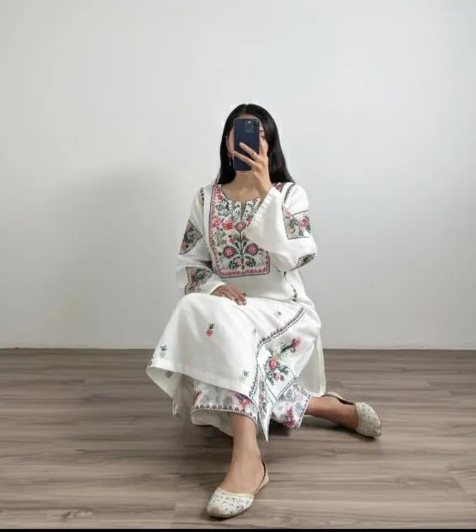 White Embroidered Cotton Shirt Trouser Set for Women