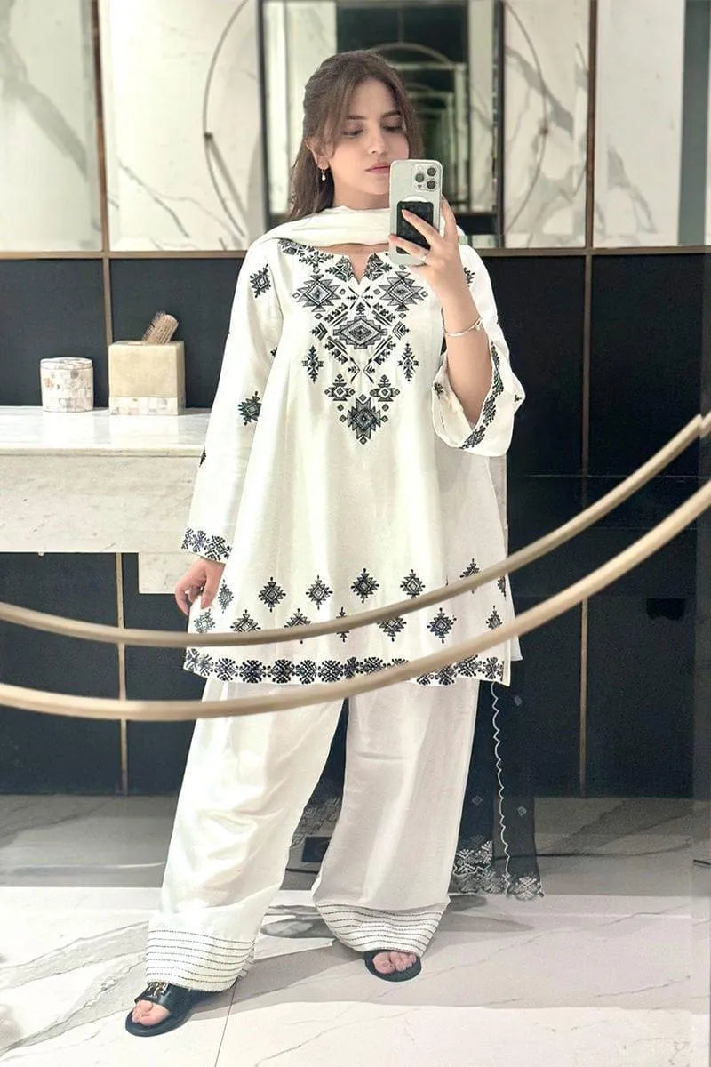 Women Linen Embroidered Shirt Trouser Set White 2Pcs Medium to XXL