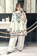 Women Linen Embroidered Shirt Trouser Set White 2Pcs Medium to XXL